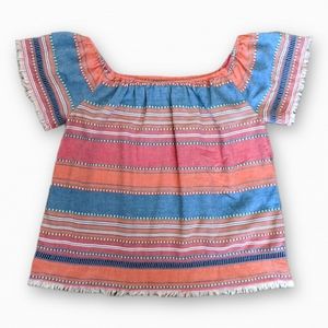 Vintage Striped Multi Color Peasant Off Shoulder Fringe Short Sleeve Blouse Top